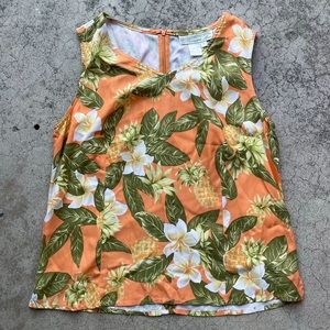 100% Silk Hawaiian pineapple Print Top sleeveless Sz M tropical luau vacation